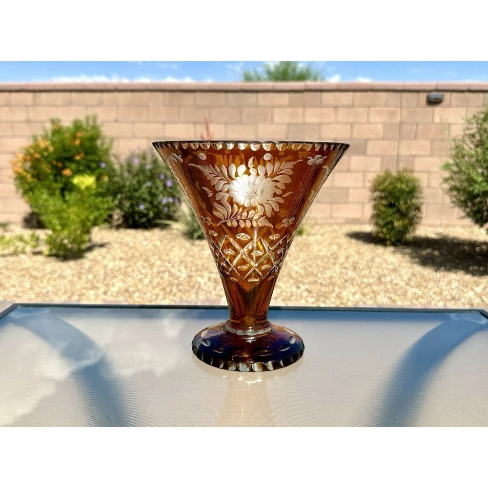 Vintage Bohemian Amber Flash Cut to Clear Glass Vase " Floral Engraved Czech - Picture 2 of 16